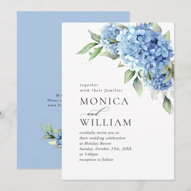 Invitation Elégante aquarelle bleu Hydrangea Mariage floral (Devant / Derrière)