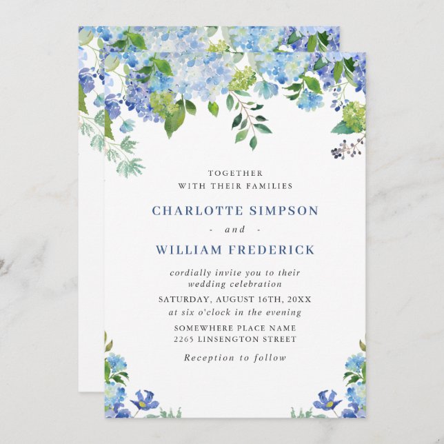 Invitation Elégante aquarelle bleu Hydrangea Mariage floral (Devant / Derrière)
