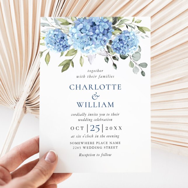 Invitation Elégante aquarelle bleu Hydrangea Mariage floral (Créateur téléchargé)