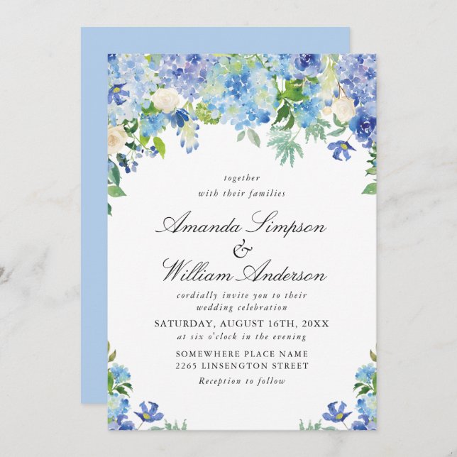 Invitation Elégante aquarelle bleu Hydrangea Mariage floral (Devant / Derrière)