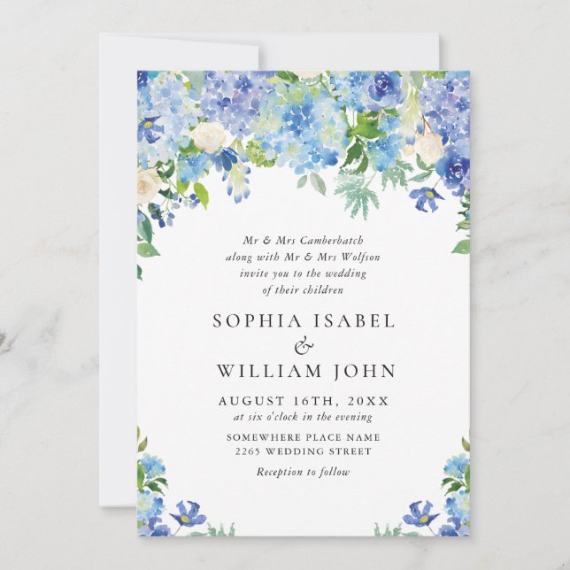 Invitation Elégante aquarelle bleu Hydrangea Mariage floral (Devant)