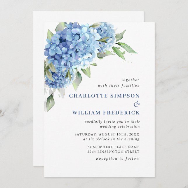 Invitation Elégante aquarelle bleu Hydrangea Mariage floral (Devant / Derrière)