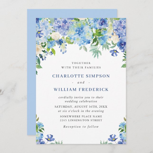Invitation Elégante aquarelle bleu Hydrangea Mariage floral (Devant / Derrière)