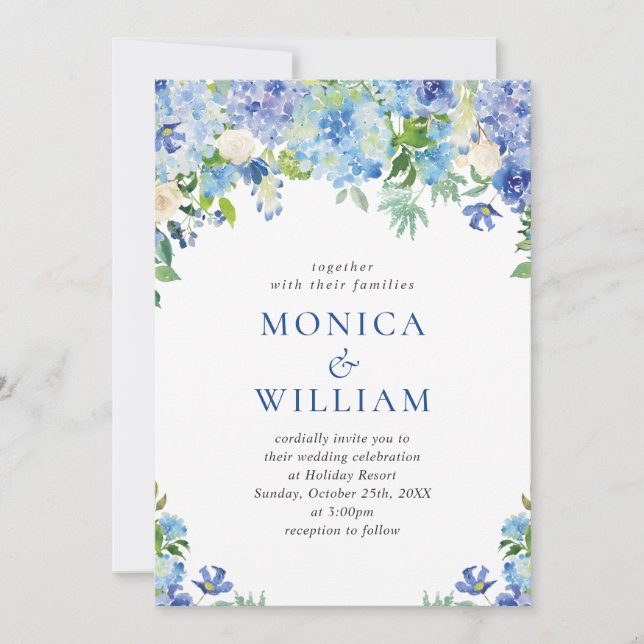 Invitation Elégante aquarelle bleu Hydrangea Mariage floral (Devant)