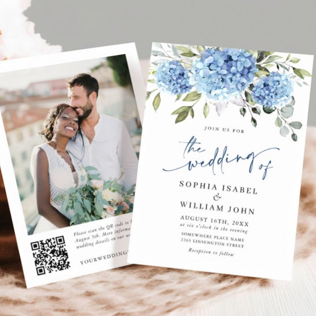 Invitation Elégante aquarelle bleu Hydrangea Photo QR Mariage (Créateur téléchargé)