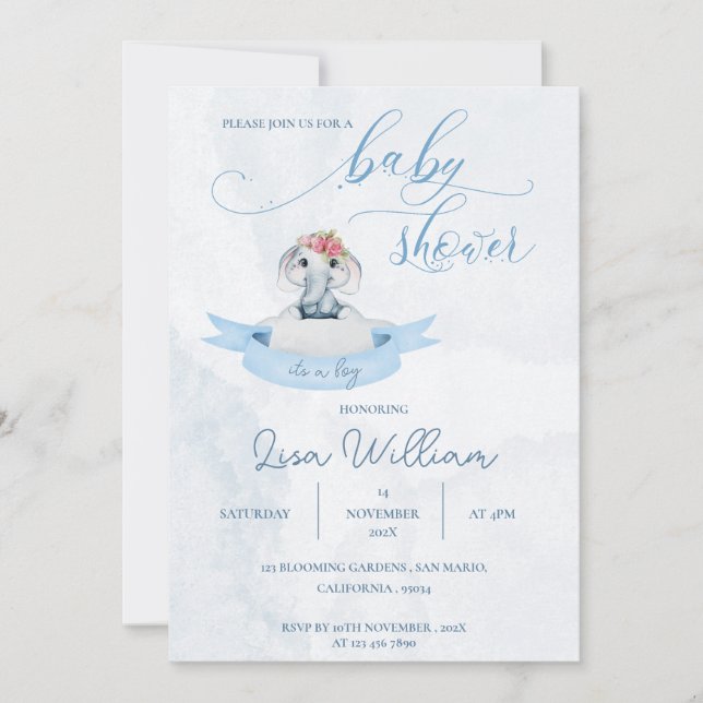 Invitation Elégante aquarelle Bleu mou Eléphant Baby shower (Devant)