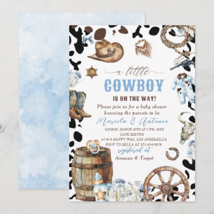 Invitation Elégante aquarelle bleu petit Baby shower Cowboy