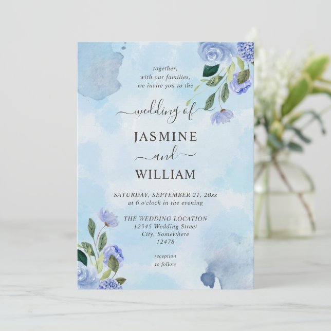 Invitation Elégante Aquarelle bleu violet simple Floral (Debout devant)