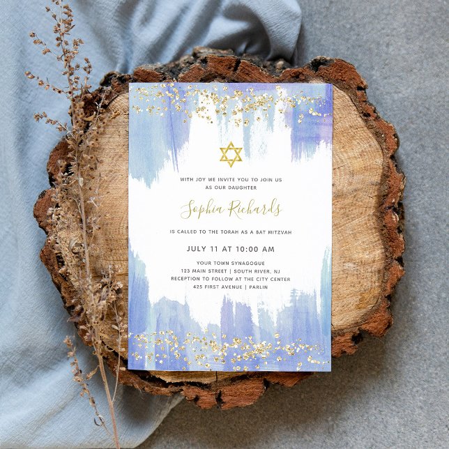Invitation Elégante aquarelle bleue et or | BAT MITZVAH (Créateur téléchargé)