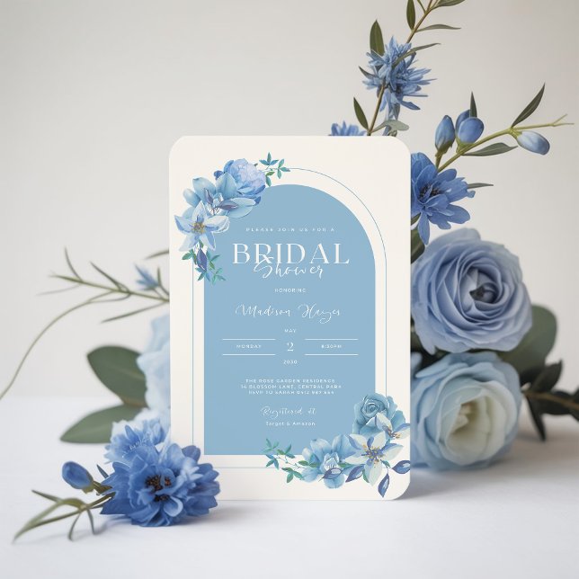 Invitation Elégante aquarelle bleue Fête des mariées florale (Créateur téléchargé)