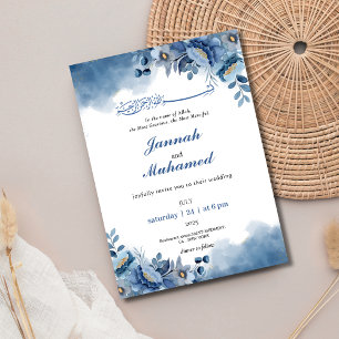 Invitation Elégante aquarelle bleue Floral musulman mariage