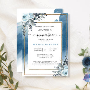 Invitation Elégante aquarelle bleue Quinceañera et florale