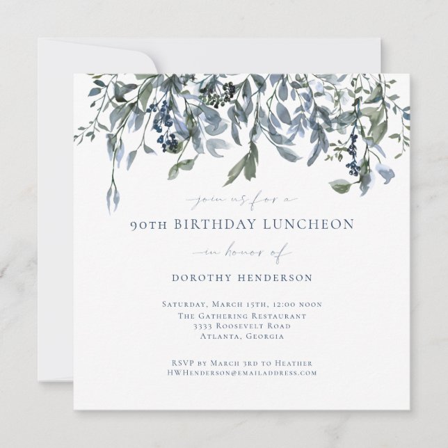 Invitation Elégante aquarelle Blue Floral Vines 90e anniversa (Devant)