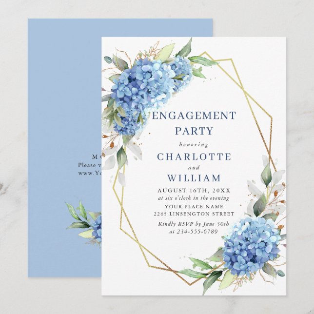 Invitation Elégante aquarelle Blue Hydrangea ENGAGEMENT PARTI (Devant / Derrière)