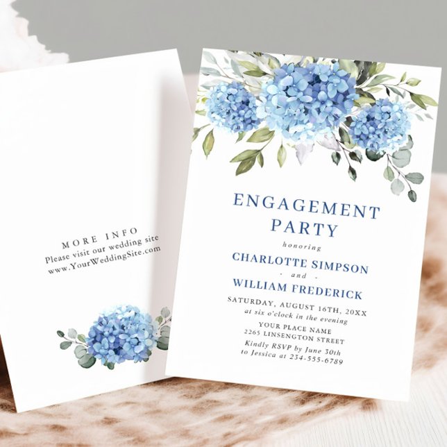 Invitation Elégante aquarelle Blue Hydrangea ENGAGEMENT PARTI (Créateur téléchargé)