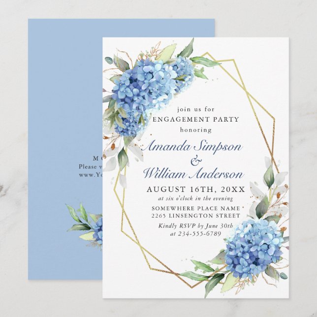 Invitation Elégante aquarelle Blue Hydrangea ENGAGEMENT PARTI (Devant / Derrière)