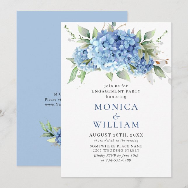 Invitation Elégante aquarelle Blue Hydrangea ENGAGEMENT PARTI (Devant / Derrière)