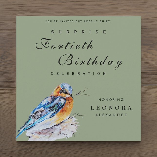 Invitation Elégante aquarelle Bluebird Surprise Anniversaire (Créateur téléchargé)