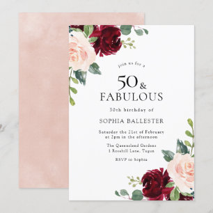 Invitation Elégante Aquarelle Blush & Bourgogne 50e anniversa