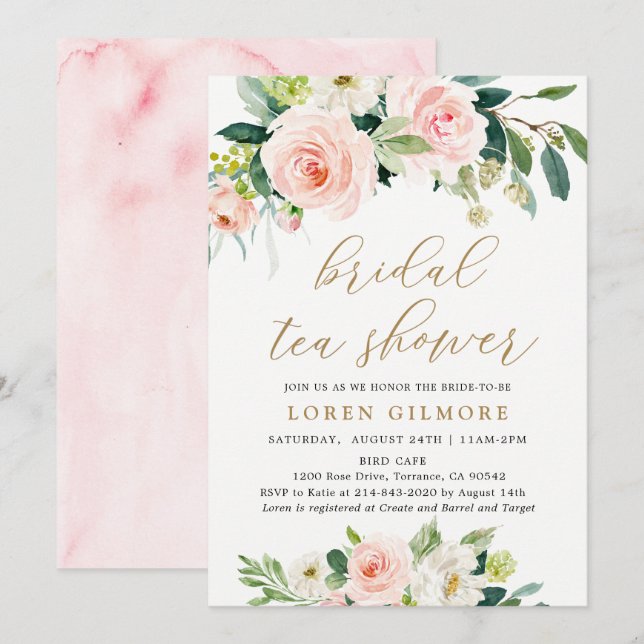 Invitation Elégante Aquarelle Blush Douche Thé nuptiale (Devant / Derrière)