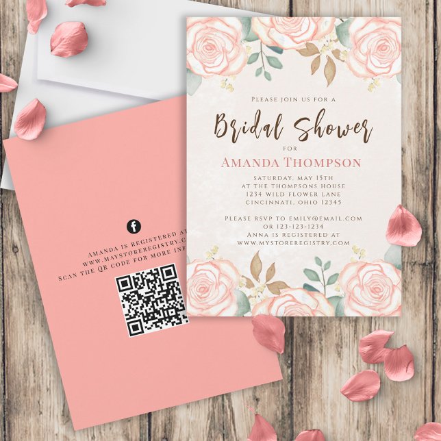 Invitation Elégante aquarelle Blush Floral Foliage QR Code (Créateur téléchargé)