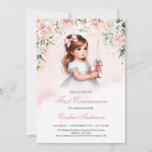 Invitation Elégante aquarelle blush floral wreath fille migno