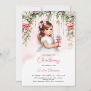 Invitation Elégante aquarelle blush floral wreath fille migno
