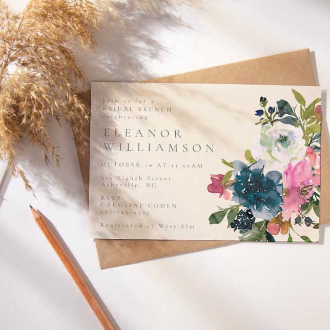 Invitation Elégante aquarelle Boho Blue Floral Bridal Brunch (Créateur téléchargé)