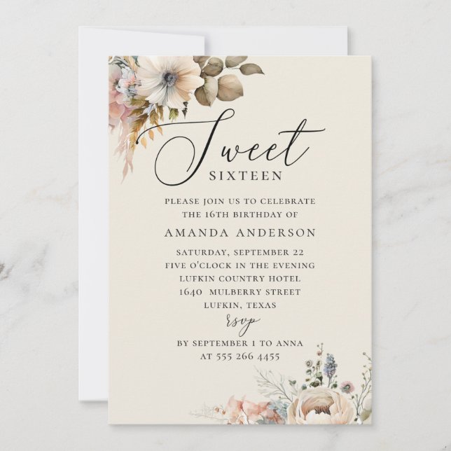 Invitation Elégante aquarelle boho floral doux 16 anniversair (Devant)