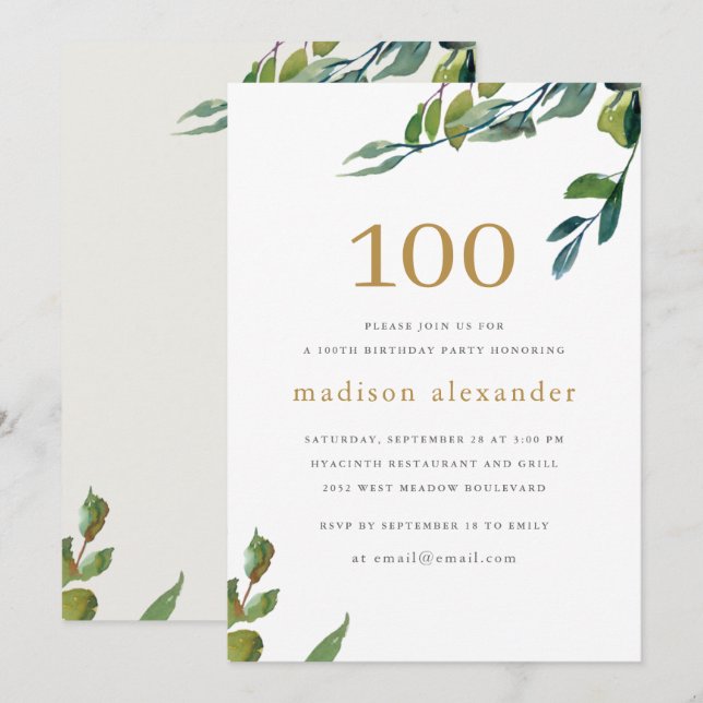 Invitation Elégante aquarelle Botanique 100e anniversaire (Devant / Derrière)