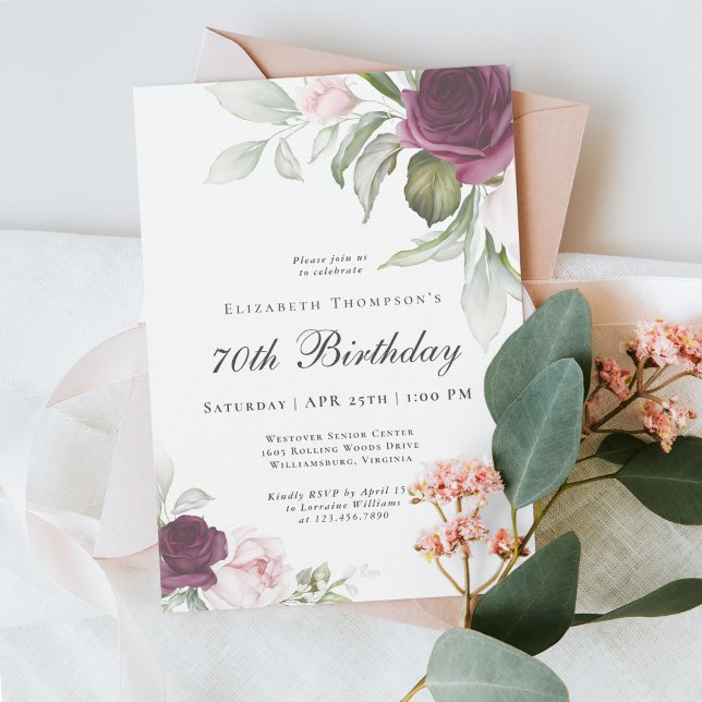 Invitation Elégante aquarelle botanique 70e anniversaire (A beautifully feminine 70th birthday party invitation - available as printed or digital download!)