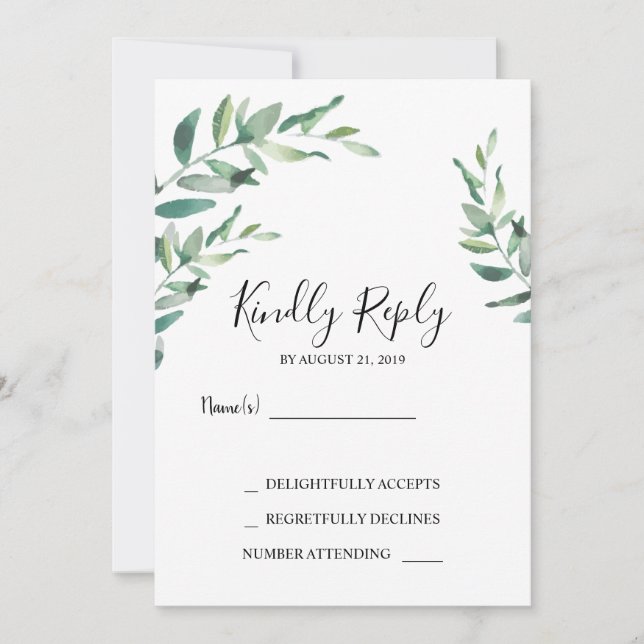 Invitation Elégante aquarelle botanique feuilles mariage RSVP (Devant)