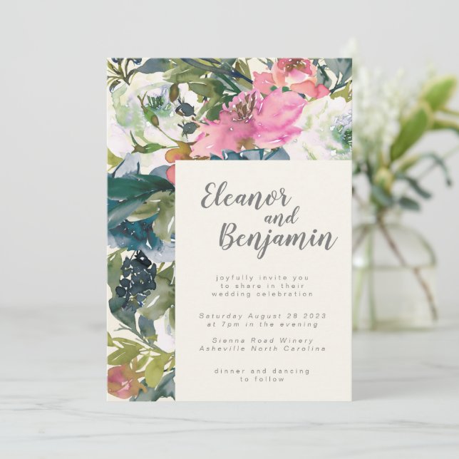 Invitation Elégante aquarelle Botanique Floral Mariage (Debout devant)