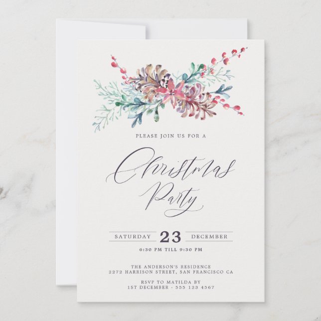 Invitation Elégante aquarelle Botaniques fête de Noël (Devant)