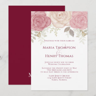 Invitation Elégante Aquarelle Bourgogne Florale Rose Or