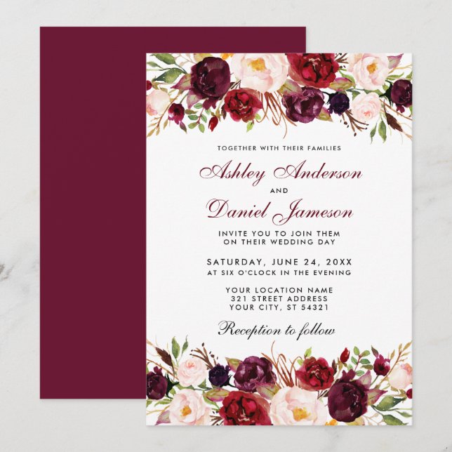 Invitation Elégante aquarelle Bourgogne Mariage floral (Devant / Derrière)