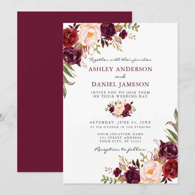Invitation Elégante aquarelle Bourgogne rose Mariage (Devant / Derrière)
