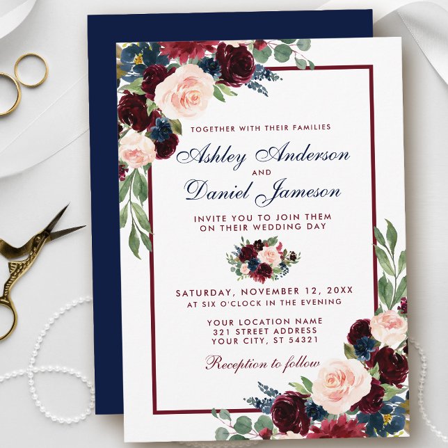 Invitation Elégante aquarelle Burgundy Blue Floral Mariage (Customize to change text color, style, add text & photos to back or change color of back of card.)