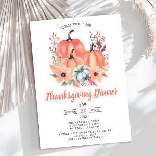 Invitation Elégante Aquarelle Citrouille Thanksgiving Dîner