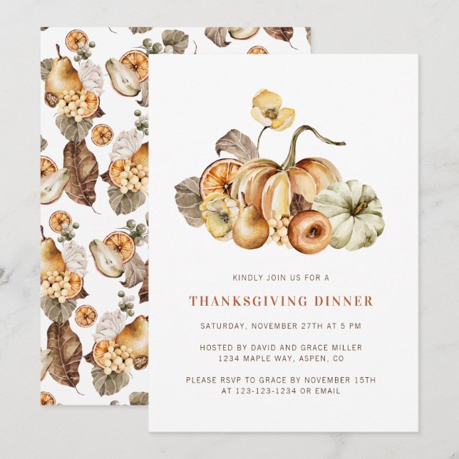 Invitation Elégante Aquarelle Citrouille Thanksgiving Dîner (Devant / Derrière)