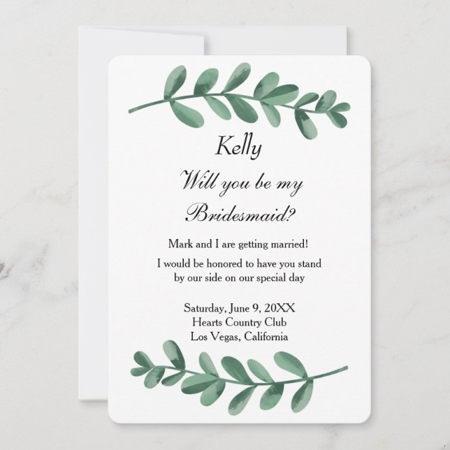 Invitation Elégante aquarelle classique Vert Feuille Bridesma (Devant)
