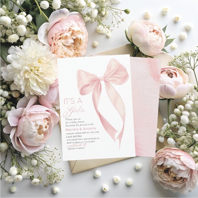 Invitation Elégante Aquarelle Coquette Rose Bow Girl Baby Sh (Créateur téléchargé)