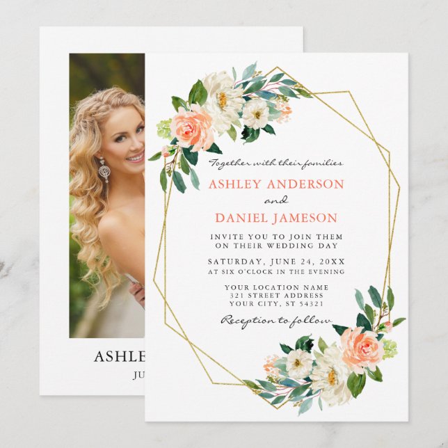 Invitation Elégante aquarelle Coral Floral Gold Frame Photo (Devant / Derrière)