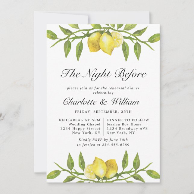 Invitation Elégante aquarelle de citron verdure REHEARSAL DÎN (Devant)