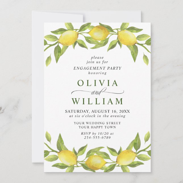 Invitation Elégante Aquarelle de citron vert PARTI ENGAGEMENT (Devant)