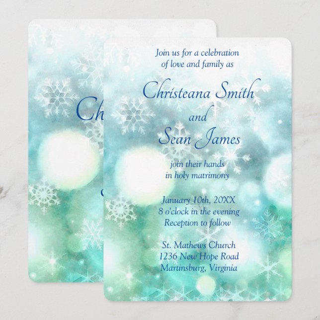 Invitation Elégante aquarelle de Flèche de neige bleu vert br (Devant / Derrière)