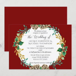 Invitation Elégante aquarelle de Noël Gold Holly Wreath