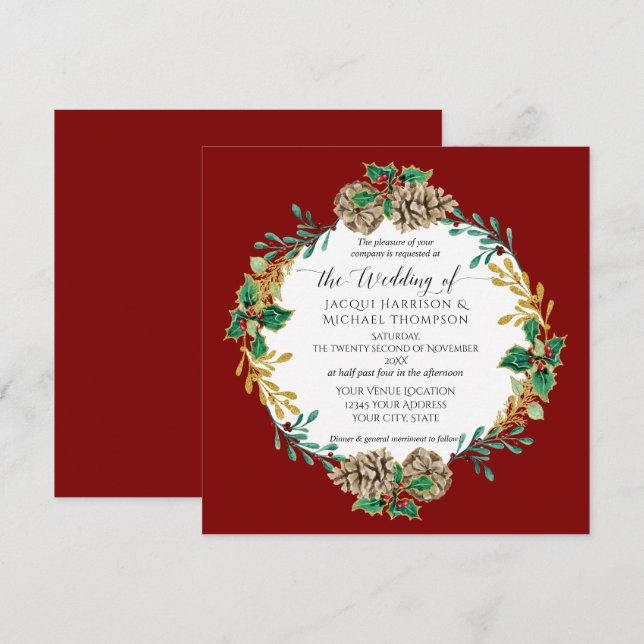 Invitation Elégante aquarelle de Noël Gold Pine Cone Wreath (Devant / Derrière)