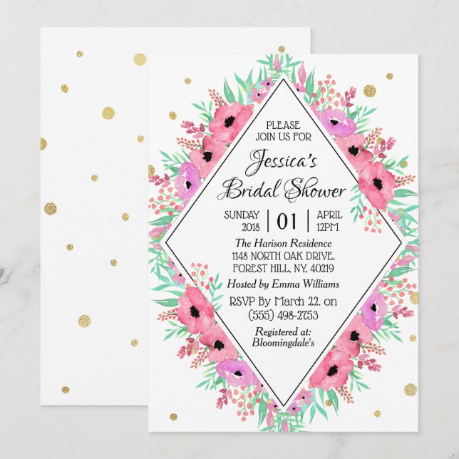 Invitation Elégante aquarelle de printemps Fête des mariées f (Devant / Derrière)