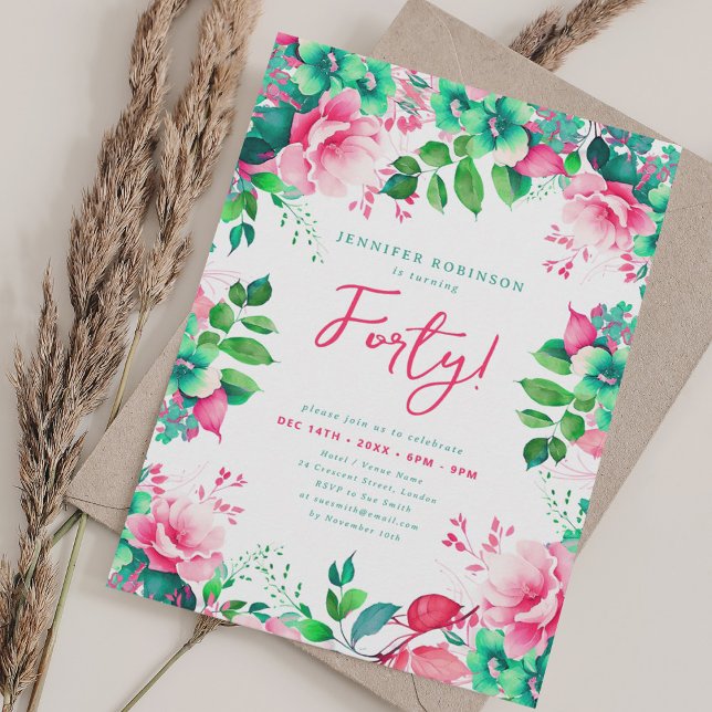 Invitation Elégante aquarelle de printemps Floral 40e anniver (Elegant Spring Watercolor Floral 40th Birthday Invitation)